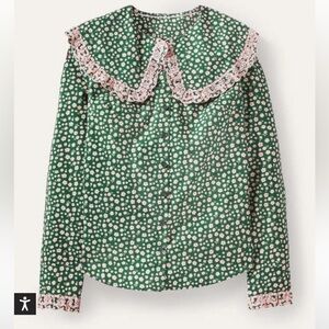 Boden Statement Collar Cotton Shirt, Embroidered, Green/Pink size 4